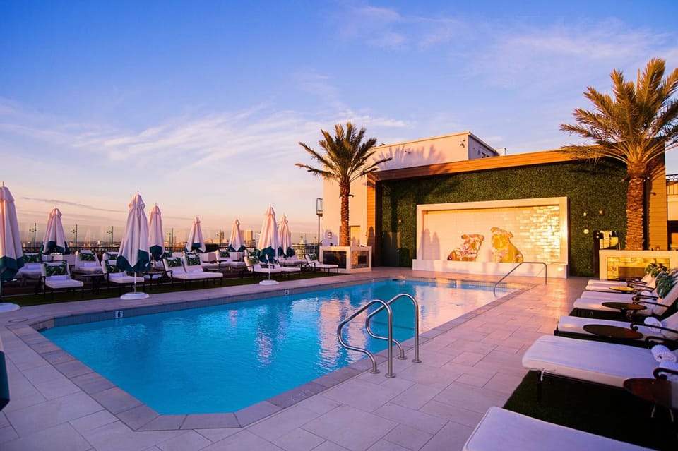 Unwind at sunset beside a chic rooftop pool retreat.