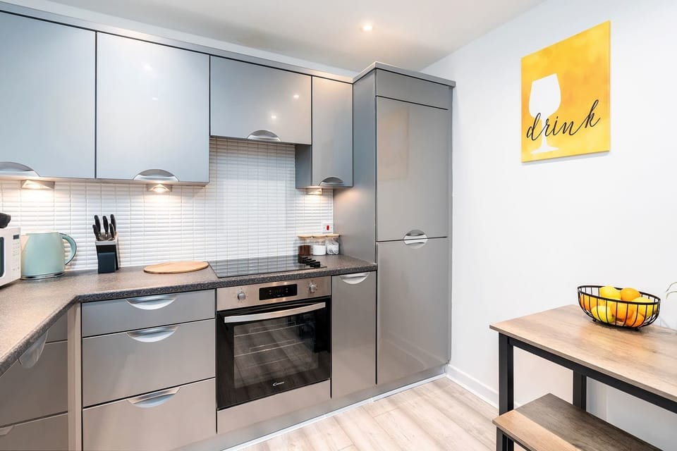 Kitchen | Fully Equipped with Plates, Bowls, Cutlery, Utensils, Mugs, Glasses, Wine Glasses, Blender, Hand Blenders, Pots, and Pans