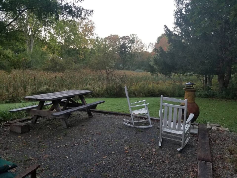 Back yard has plenty of grass and seating space.
