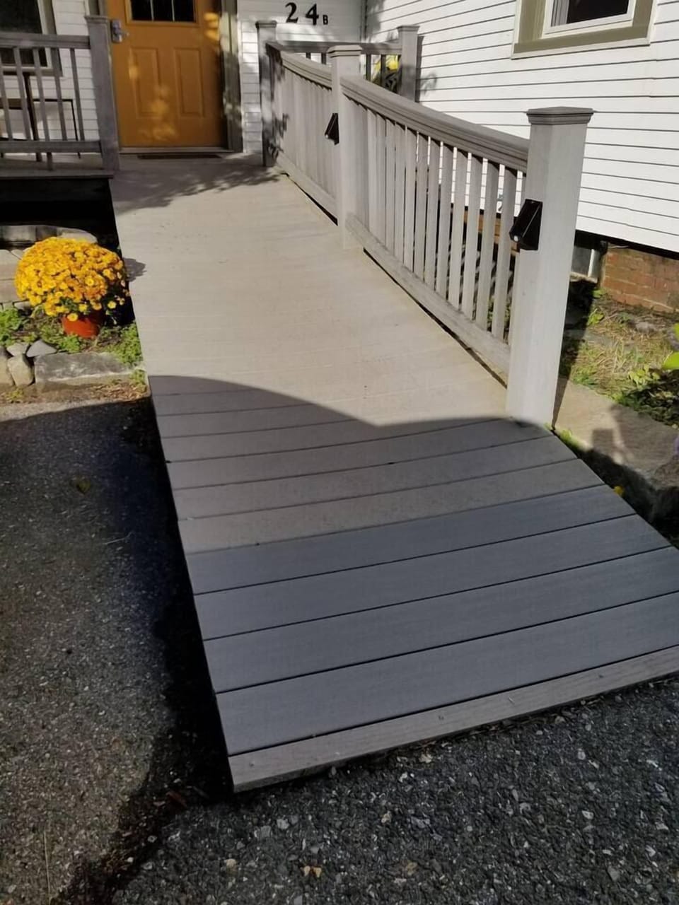48" wide access ramp has motion sensing lights on the posts.