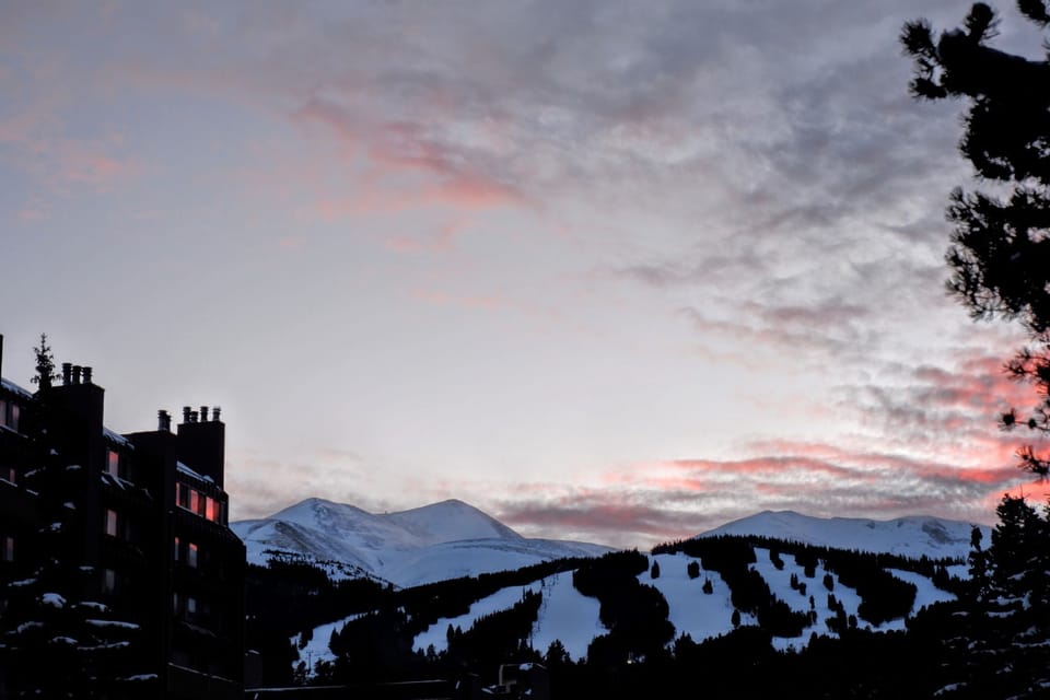 Sunset view over the mountain peaks.