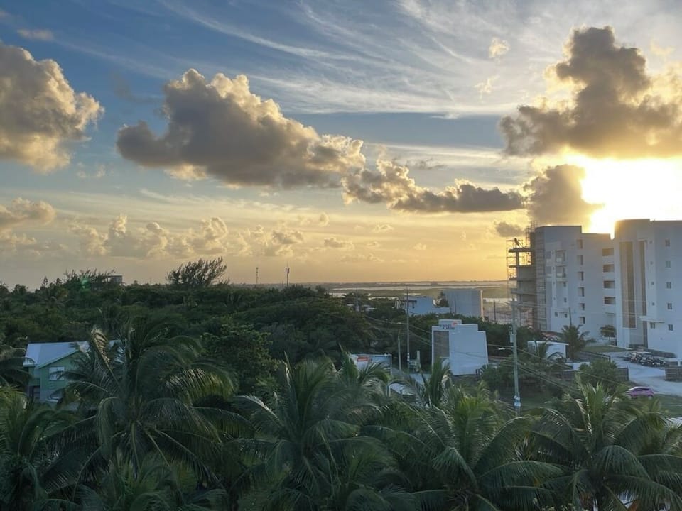 Views from "Rain" rooftop restaurant across the street at sunset.