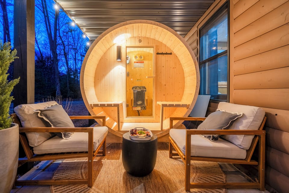 Dive into relaxation in the barrel sauna under our covered porch.
