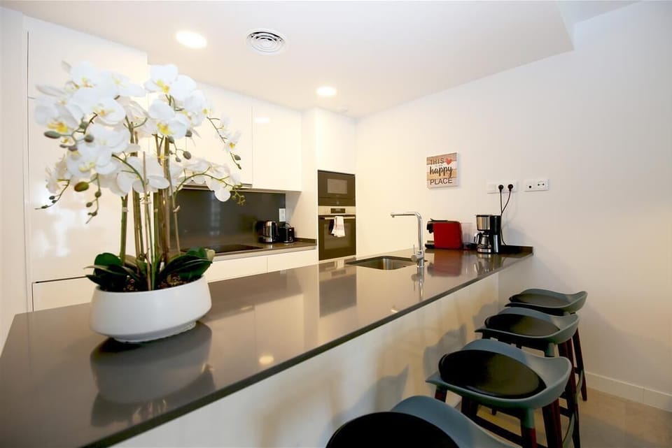 Kitchen with breakfast bar with space for four guests