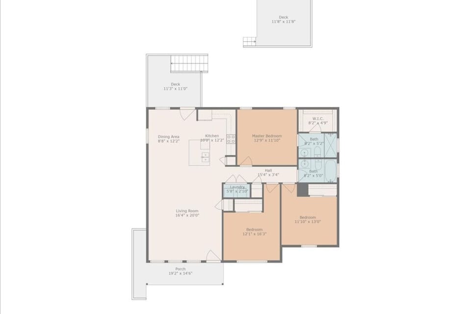 Full floor plan — 3 bedrooms, 2 baths, open-concept living, kitchen, and dining all on one level