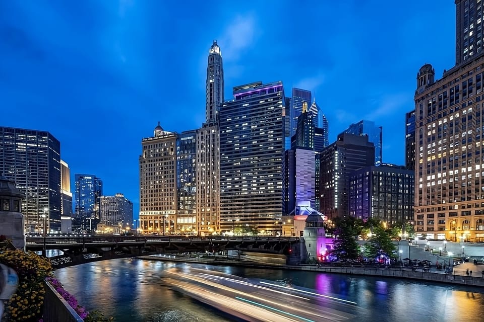 Soak up dazzling riverfront city lights after sunset strolls.