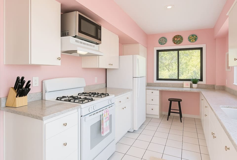 The retro kitchen has been outfitted with modern amenities while still being tastefully preserved in its original finishes.