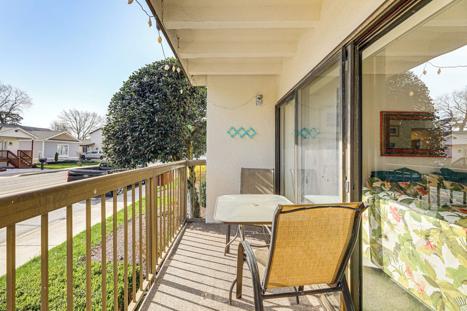 Private Patio | Adirondack Chairs | Single-Story Condo