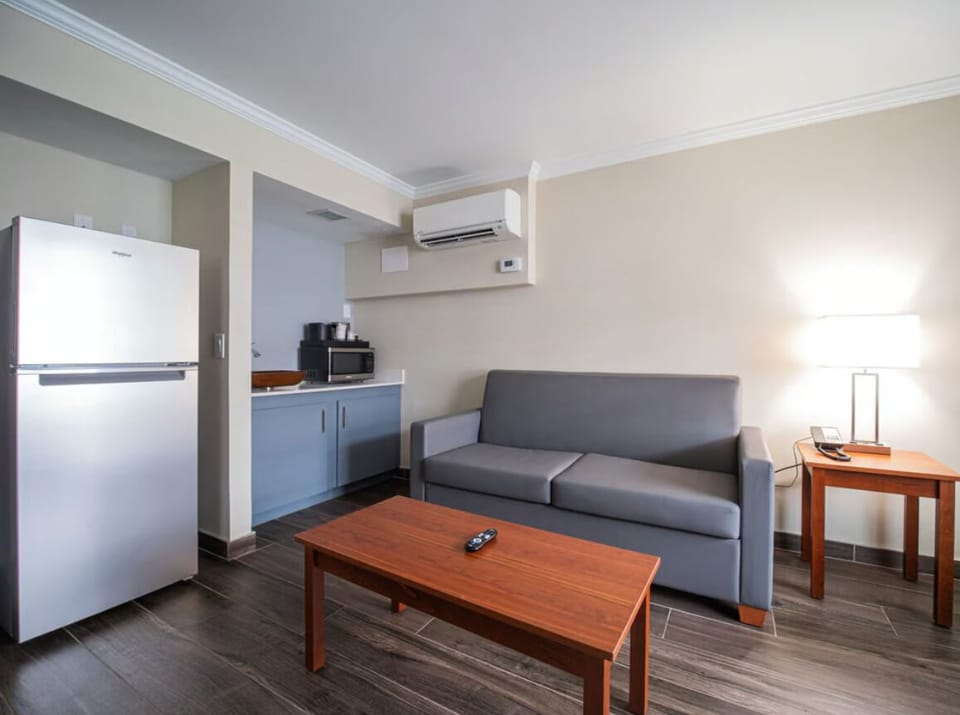 Kick back on the sofa with snacks from the kitchenette.
