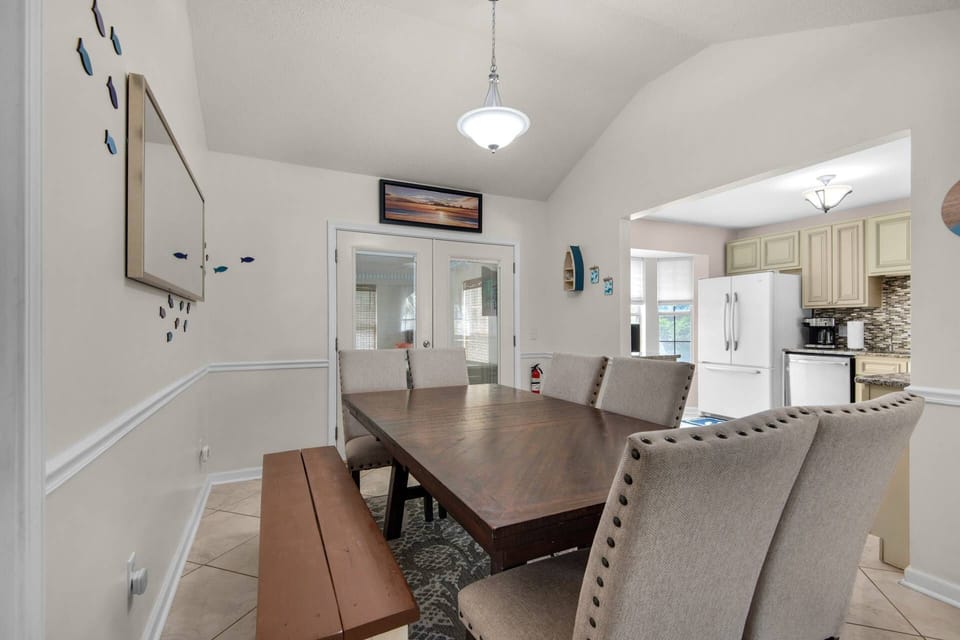 The dining table offers seating for eight