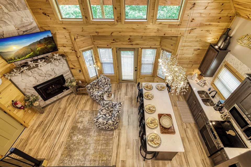 Cabin with a Hot Tub in the Smoky Mountains "Midnight Bowling" - Living room and fully furnished kitchen