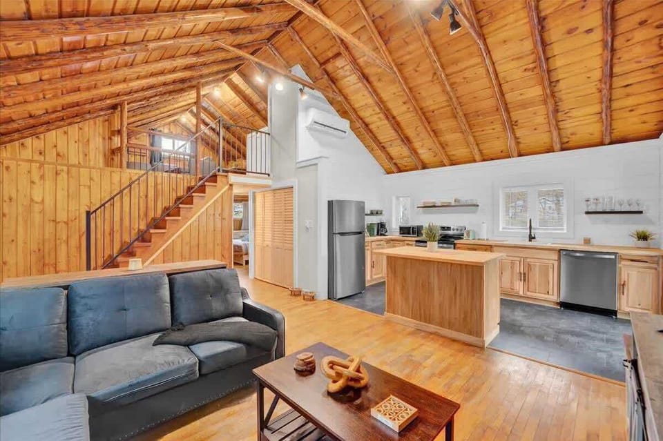 Cozy Cabin Living Area with Sofa and Open Kitchen Layout