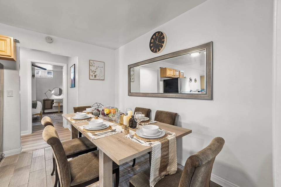 Enjoy hearty meals and gatherings at the dining table, perfect for six or more.