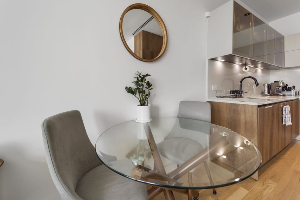 Dining space with table and chairs.