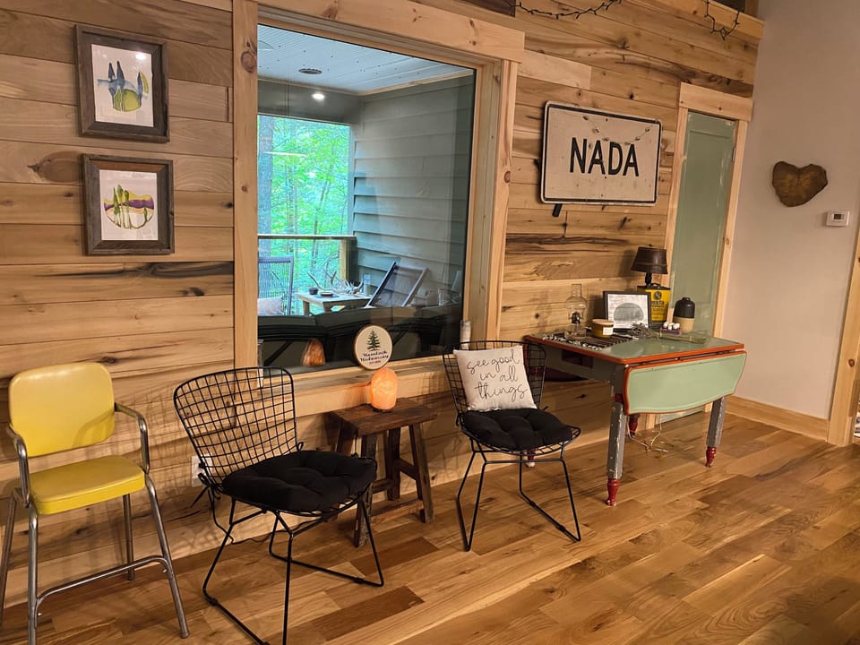 A perfect little seating area across from the kitchen island