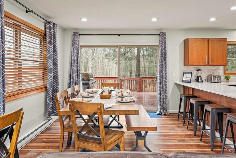 Great for group meals with forest views.