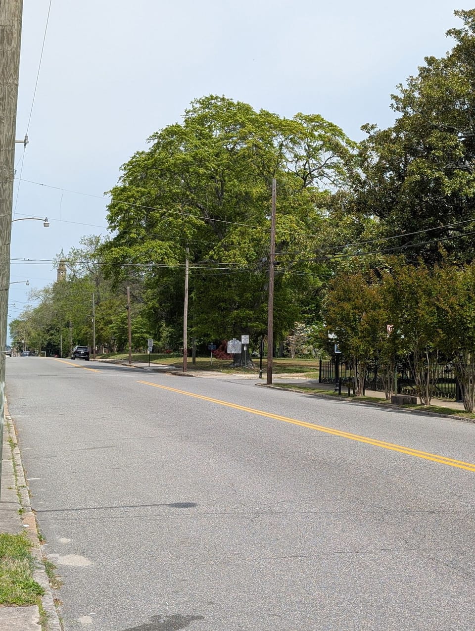 Street view looking across at entrance to Poplar Lawn Park