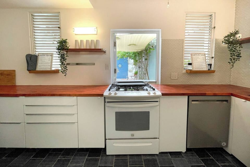 Kitchen with view to courtyard