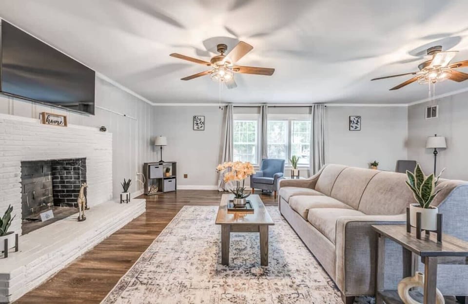 Living room with decorative fireplace