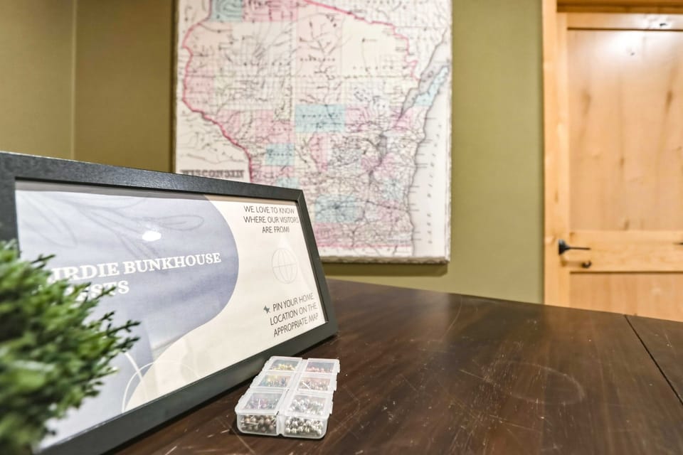 You'll find this welcome sign inside — your push-pin travel map is waiting for a new Wisconsin dot.
