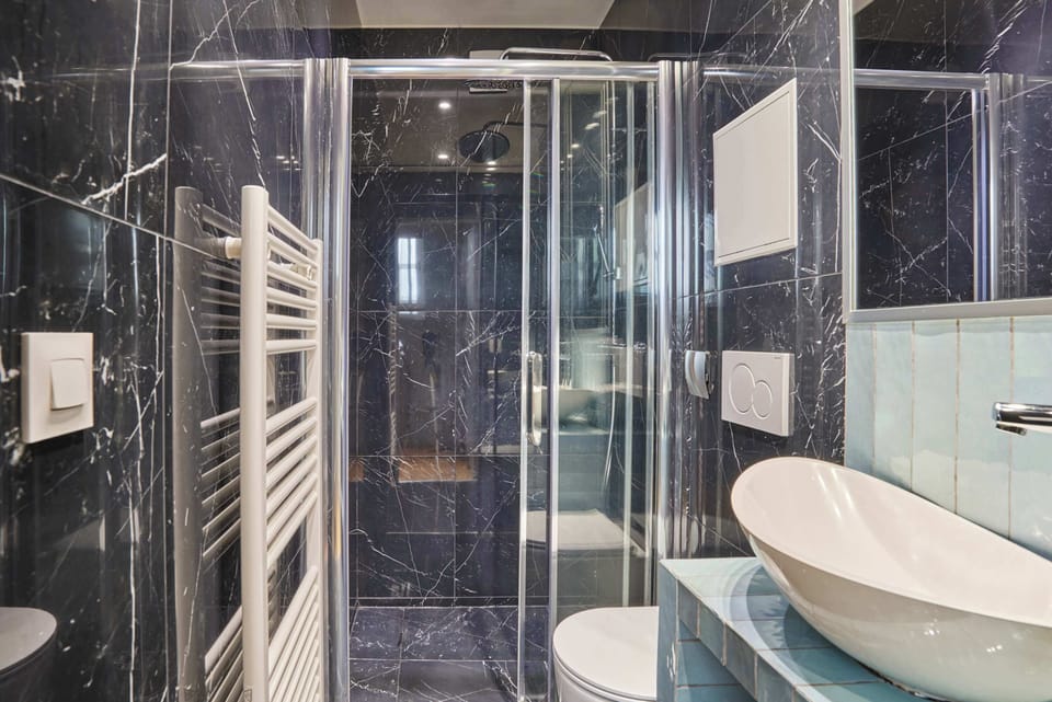 Salle de bain avec douche et toilette