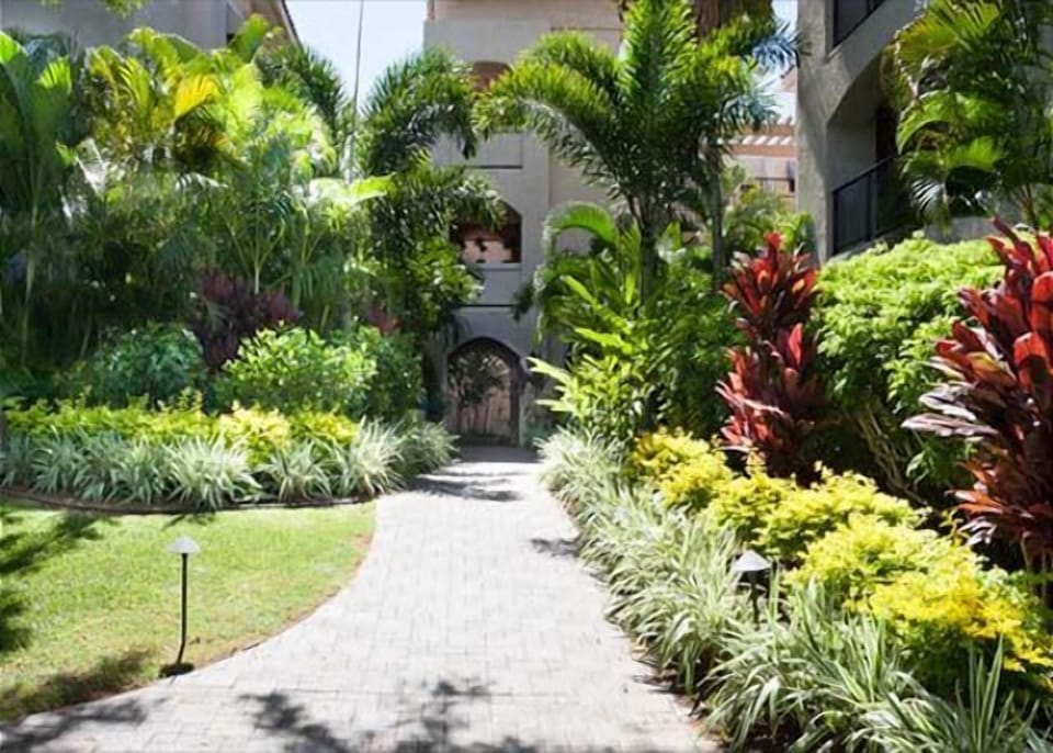 beautiful garden pathway leading to a charming villa, surrounded by vibrant tropical plants and flowers.