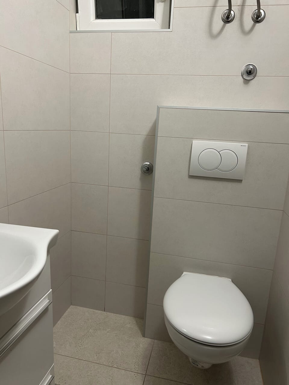 Toilet with wall-mounted fixtures.
