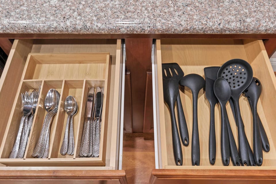 Fully stocked with everything you need, the dishware ensures meal prep and cleanup are a breeze during your stay.