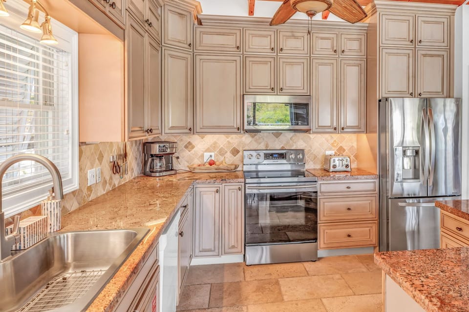 kitchen drip coffee, oven, microwave and fridge