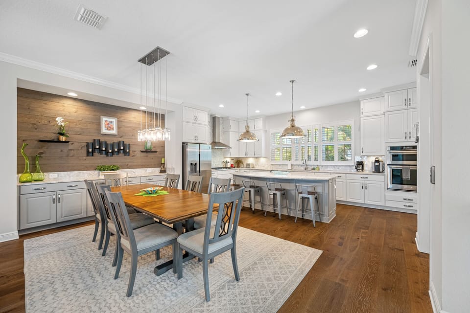 Open living space with a Dining table for 8 and a buffet