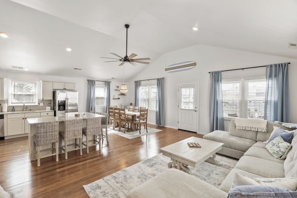 View of living room and kitchen area
