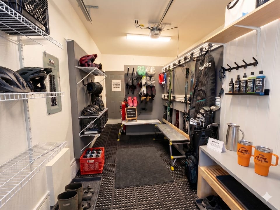 The garage has been converted into a heated gear storage space, including an industrial drying unit.