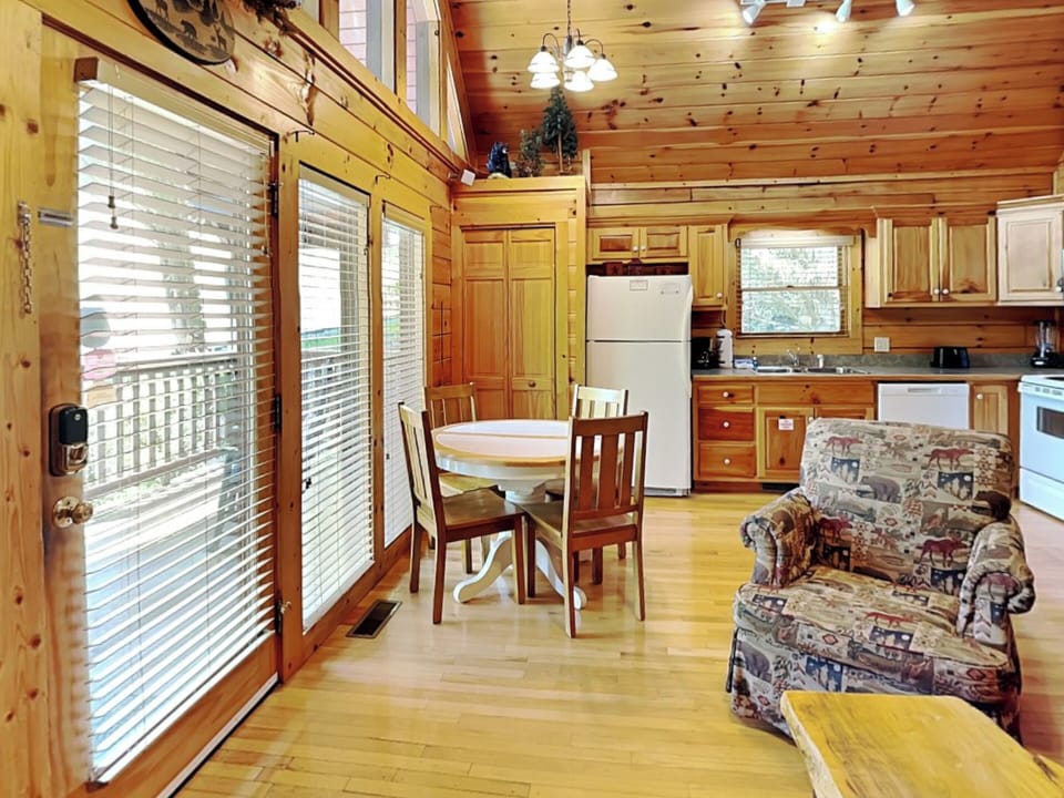 Living Room + Dining Area - Fireplace, TV + Deck Access