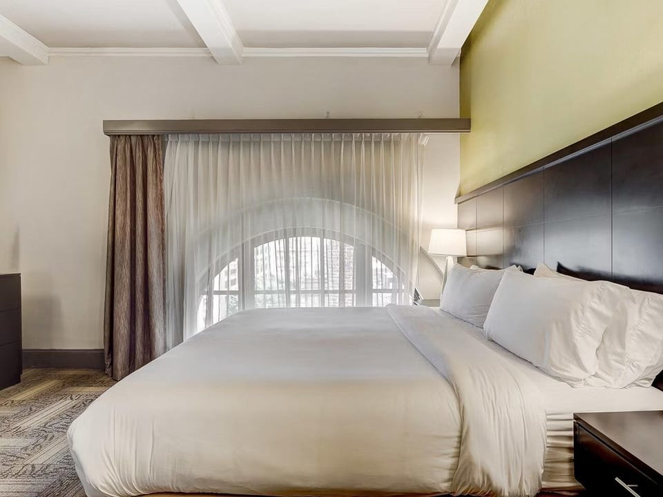 Drift off beside soft lighting and a serene window view.