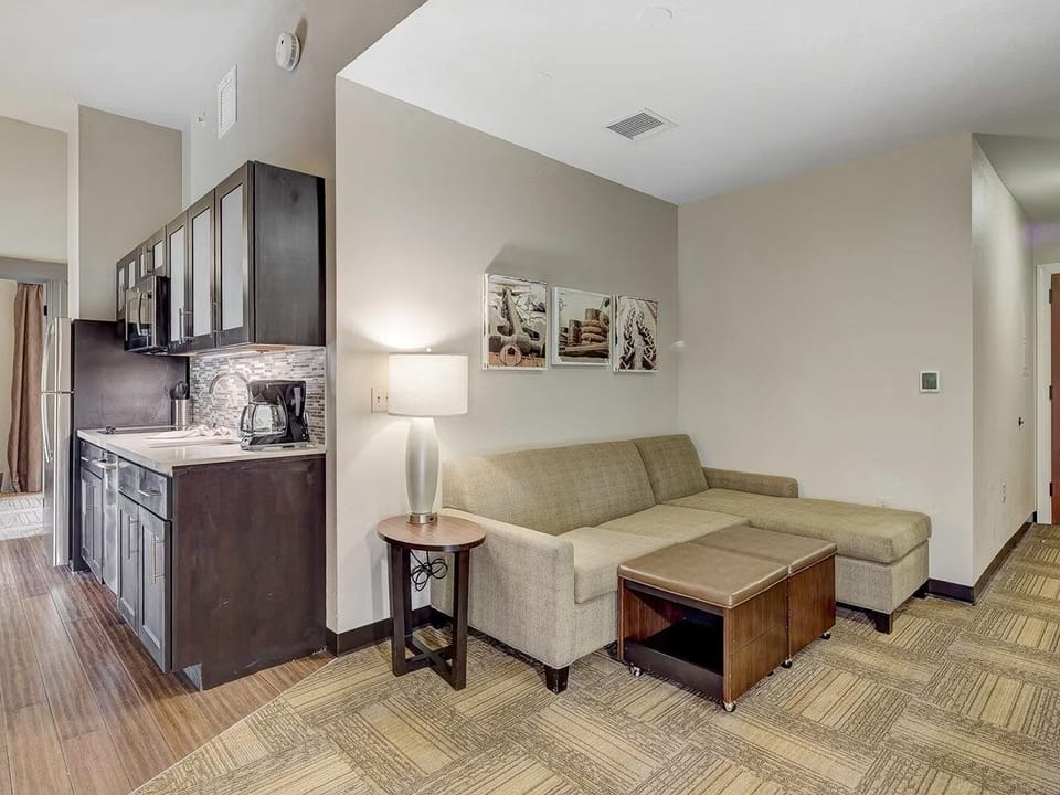 Unwind on the plush sectional after cooking easy meals.