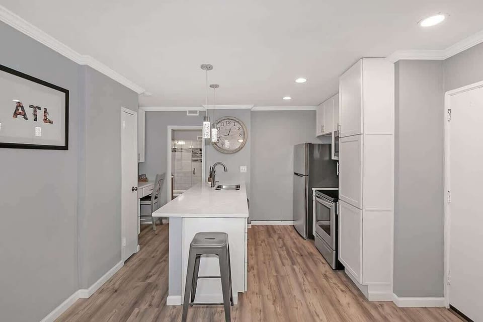View of the kitchen from the living space.