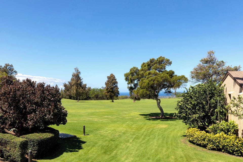 Soothing view of the manicured golf course, framed by trees, bushes, and beautiful tropical landscaping.
