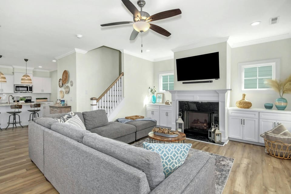 Family Room with a fireplace and ROKU TV for your streaming services
