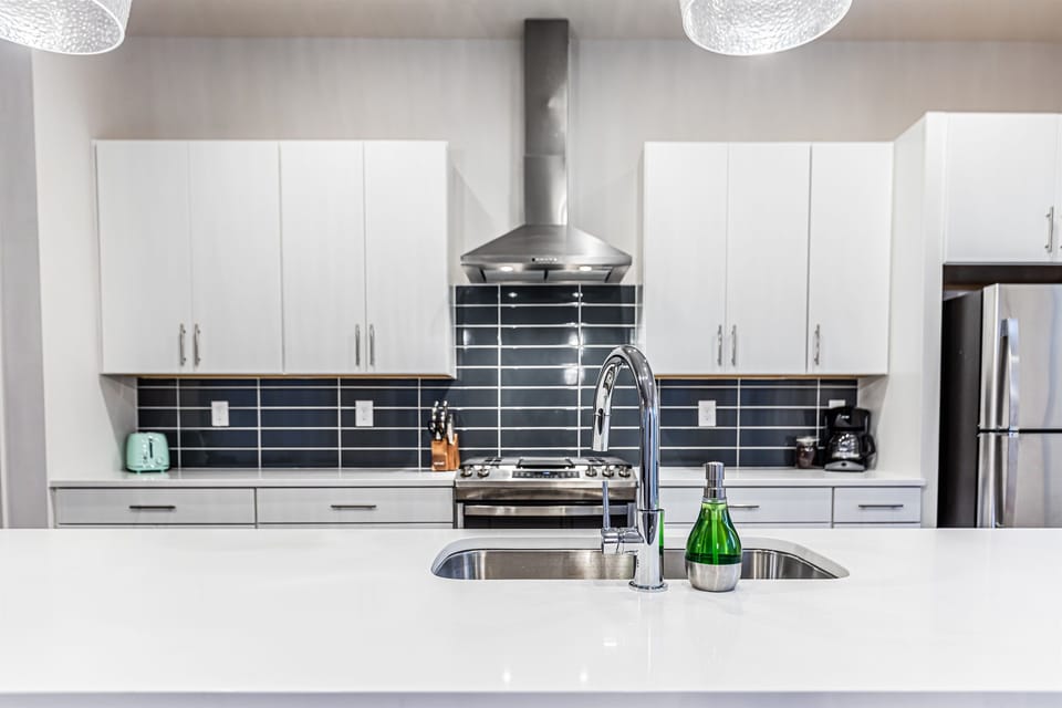 5-burner stove and Island with under-counter microwave