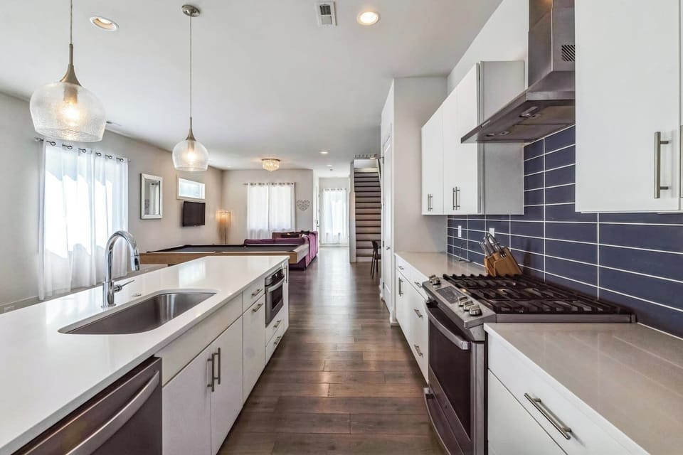 5-burner stove and Island with under-counter microwave