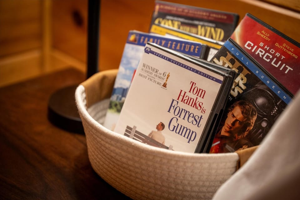 Movie night, made easy! DVDs, Roku TV, and cozy seating await downstairs