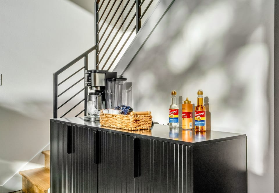 Morning espresso or evening cocktails—this outdoor drink station is fully stocked and ready for whatever your day brings.