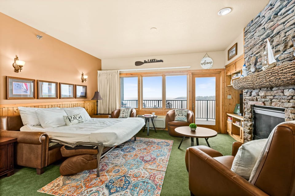 Comfortable sofa bed with beautiful lake views.