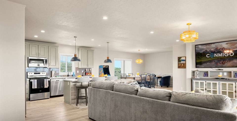 Open layout with living room and kitchen, ideal for group stays.