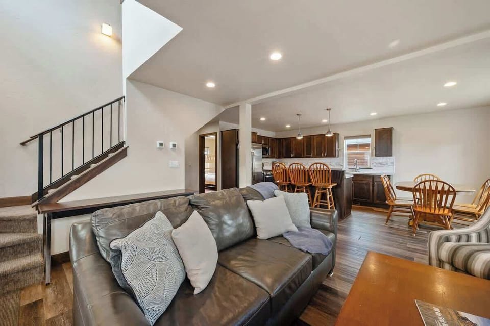Living room looking into the dining room and kitchen