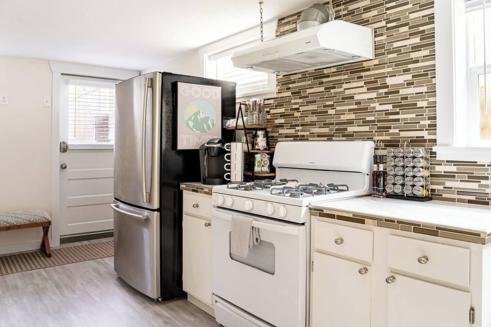 The kitchen is fully stocked with everything you need for a short or long stay. There are both a Keurig coffee maker and french press provided (& bean grinder) along with coffee/ K cups, creamer & sweetener options.
