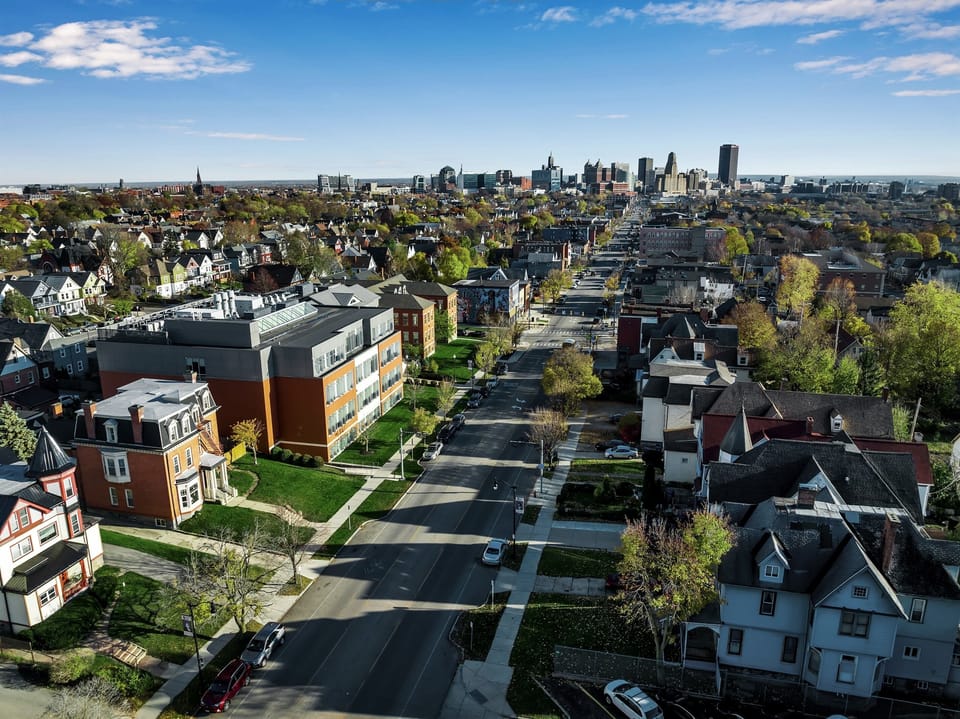 Ariel view down Niagara Street towards Buffalo City Hall