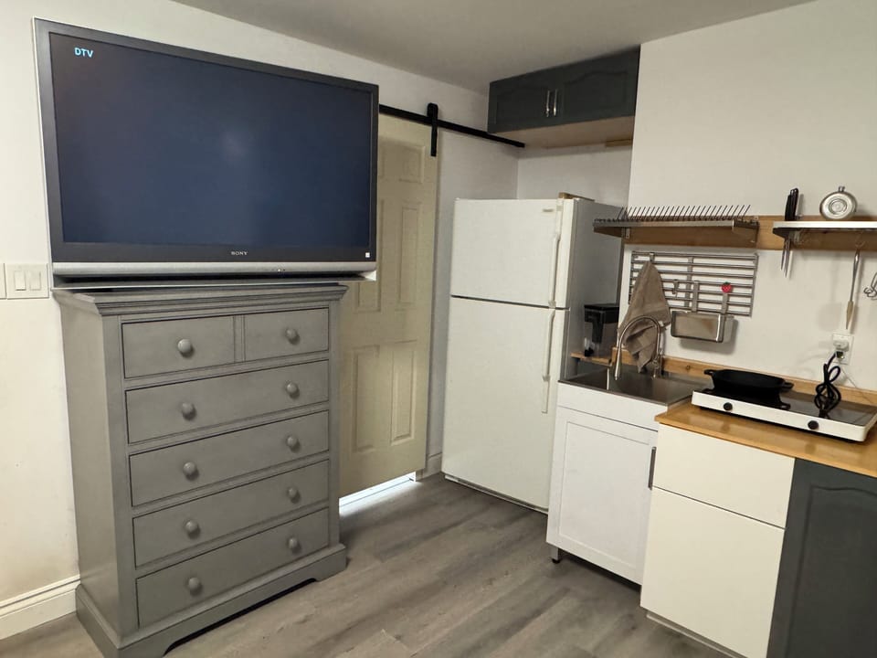 Tv and dresser have been removed for more space shelves and storage in closet.
