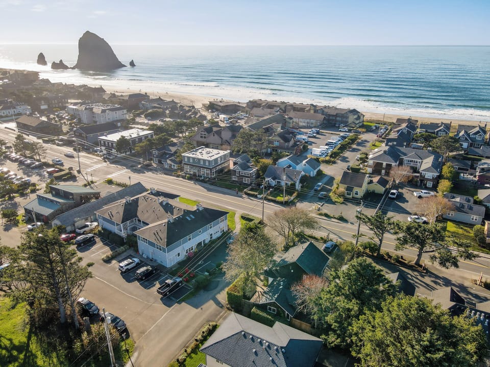 Aerial of Cannon Beach and Haystack Rock