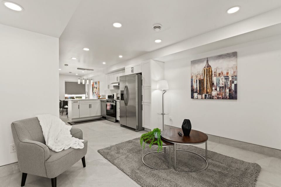 Statement wall art creates a striking focal point.